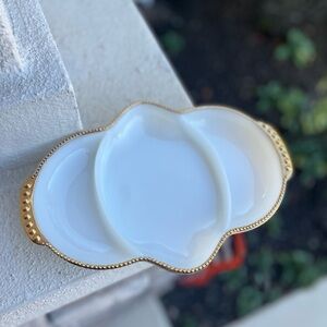 Vintage Fire King Divided Relish Dish Oven Ware Milk Glass White Gold Trim  USA